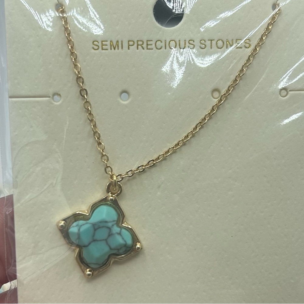 Turquoise Semi Precious Stone Clover Necklace - Picture 3 of 3